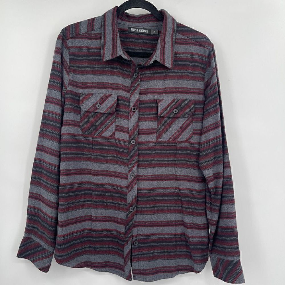 Metal Mulisha Button-Up Red Black Gray Knitted Stripes Long Sleeve Shirt XL
